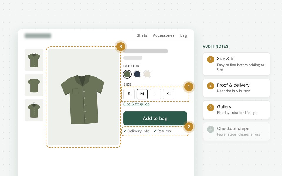 Product page with numbered audit notes
